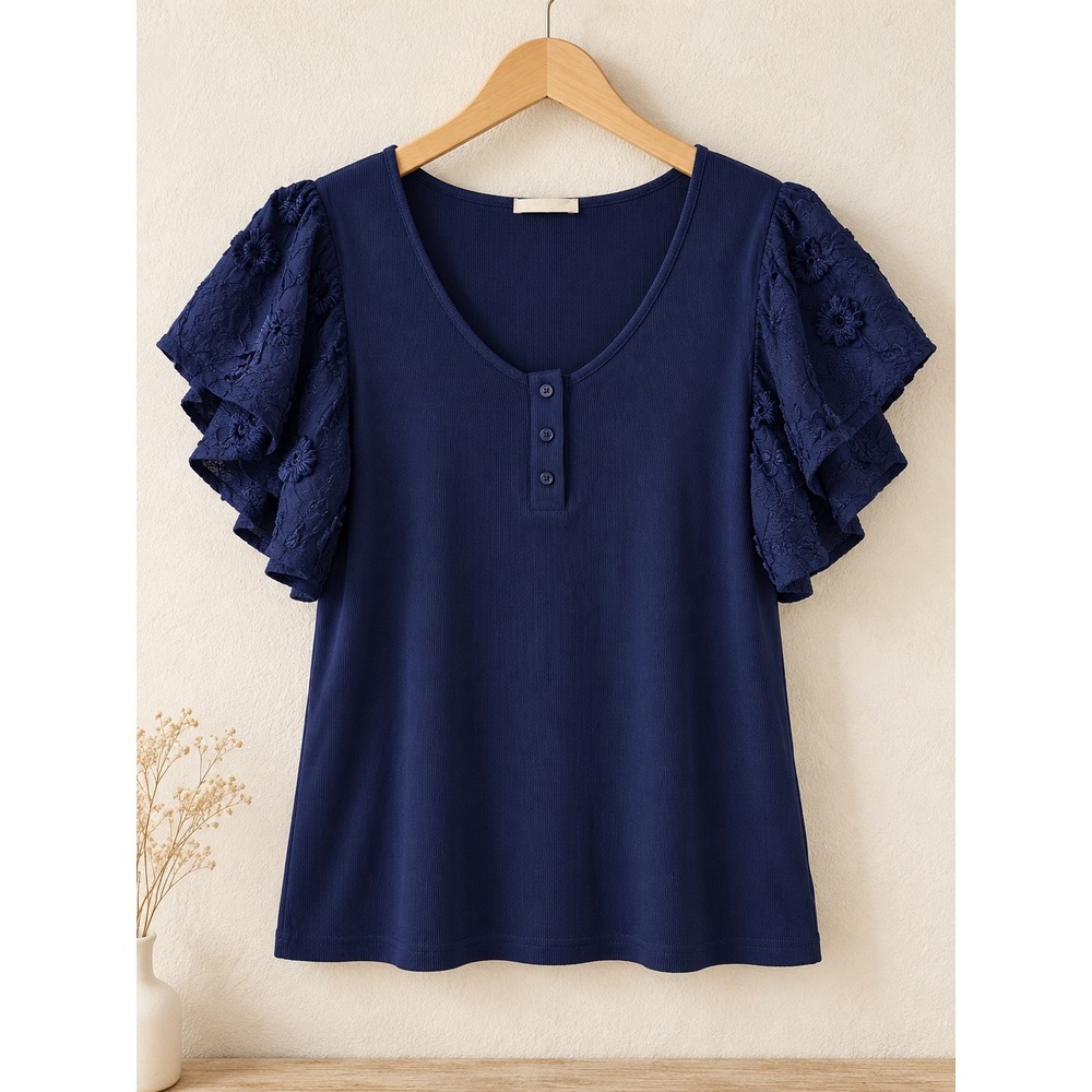 Philosophy Woman Henley Top Lace Flutter Sleeve Beacon Blue Women Size 1X NWT